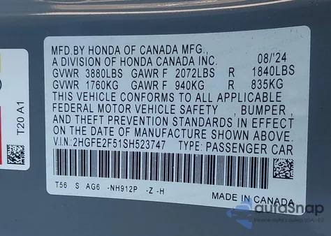 2025 Honda Civic Sport from USA, damaged, VIN 2HGFE2F51SH523747